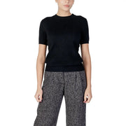 pull à manches courtes en maille côtelée noire top Pull noir à col rond en maille texturée pour femme Choral