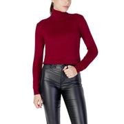Un pull à col roulé à manches longues d'un riche bordeaux top avec une texture lisse et ajustée en mélange de viscose