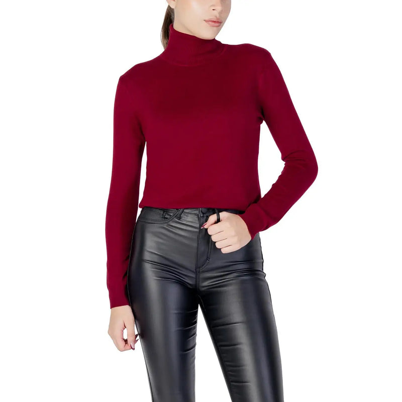 Un pull à col roulé à manches longues d'un riche bordeaux top avec une texture lisse et ajustée en mélange de viscose