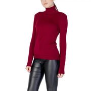 Un élégant pull à col roulé rouge foncé pour femme, en maille bordeaux mélangée à la texture lisse.