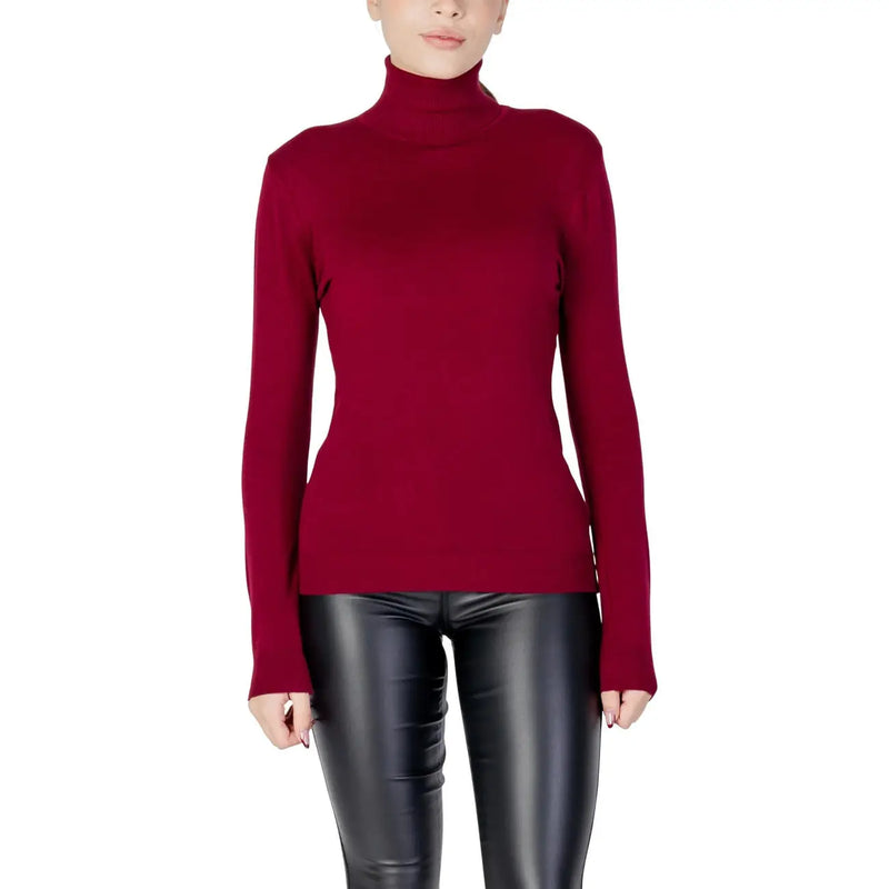 Un élégant pull à col roulé bordeaux foncé à manches longues et à la texture douce en maille de viscose mélangée