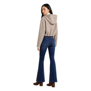 Beige wool blend turtleneck blazer with a suede-lined hooded cropped jacket and elastic waistband for women