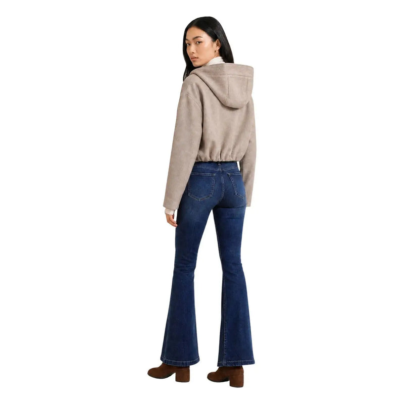 Beige wool blend turtleneck blazer with a suede-lined hooded cropped jacket and elastic waistband for women