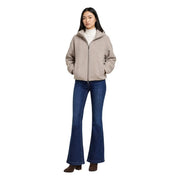 Beige zip-up fleece jacket with hood and ribbed cuffs complementing choral women wool blend turtleneck blazer beige