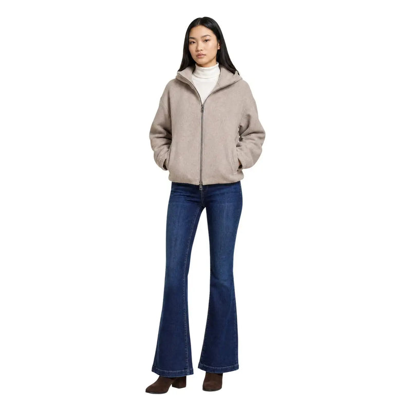 Beige zip-up fleece jacket with hood and ribbed cuffs complementing choral women wool blend turtleneck blazer beige