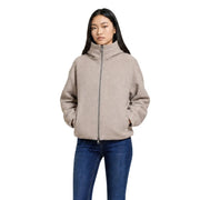 Beige zip-up fleece jacket with high collar and relaxed fit in wool blend choral women turtleneck blazer style