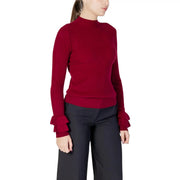 Pull Choral pour femme, en maille côtelée bordeaux, col rond, mélange de viscose, poignets à volants superposés bordeaux
