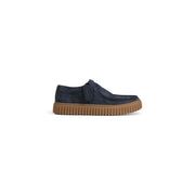 Mocassins Clarks pour homme en cuir bleu marine, chaussures décontractées en daim bleu marine, semelle en caoutchouc beige et petit logo Clarks sur le côté