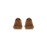 Clarks men lace up oxford shoes in camel brown suede with classic design and wooden soles