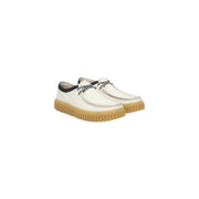 Clarks men lace ups shoes white leather loafers with black accents and tan rubber sole article 26187380