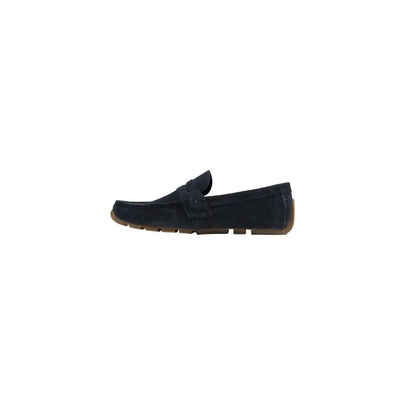 Clarks men moccasin navy blue suede loafer with tan rubber sole and single strap spring summer shoes