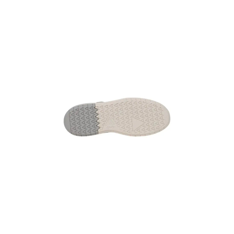 Clarks men white leather sneakers featuring a white and gray rubber sole with a triangular tread pattern