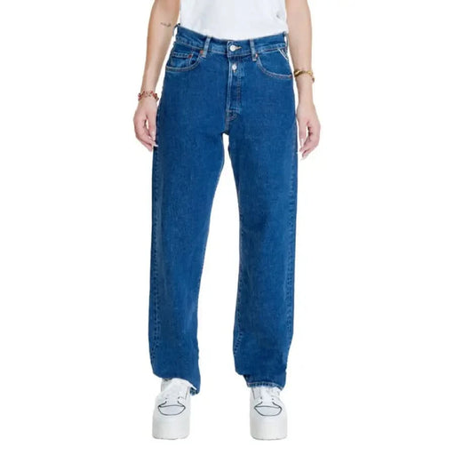 Classic blue straight-leg denim Replay Women trousers featuring 5-pocket styling and zip closure