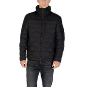 Black puffer jacket with hood and zipper, made of synthetic material.