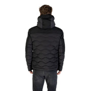 Black quilted puffer jacket with fur-lined hood and wave pattern on the back