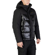 Black puffer jacket with hood and quilted design, made of synthetic material.