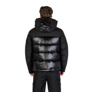 Black puffer jacket with hood and reflective material