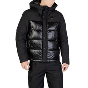 Black puffer jacket with hood and quilted design, moncler brand.