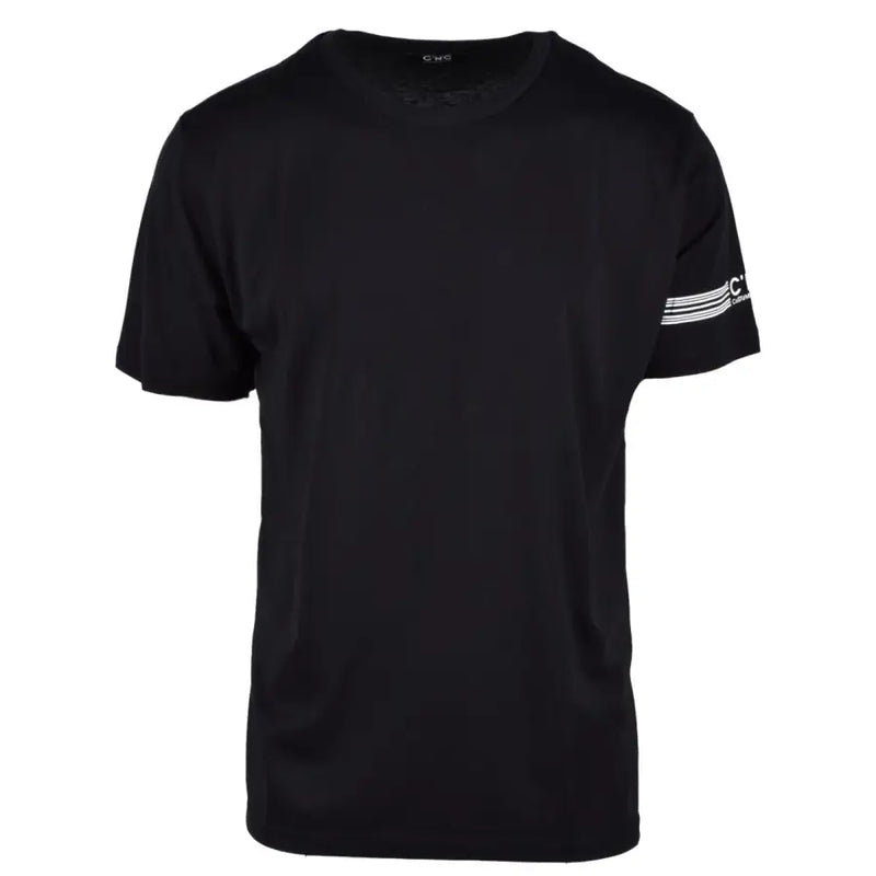 Cnc costume national men’s black cotton t-shirt with white horizontal stripes and small logo on left sleeve