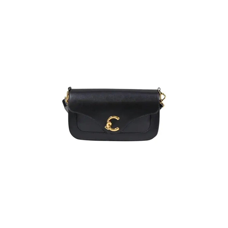 Black leather crossbody bag by coccinelle with gold-tone c clasp chain strap and inside pocket