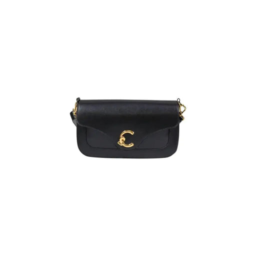 Black leather crossbody bag by coccinelle with gold-tone c clasp chain strap and inside pocket