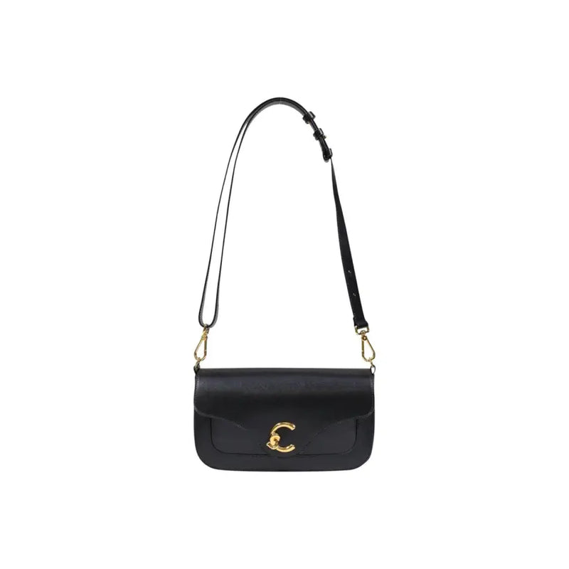 Coccinelle black leather crossbody bag with gold-tone c clasp and adjustable strap featuring inside pocket