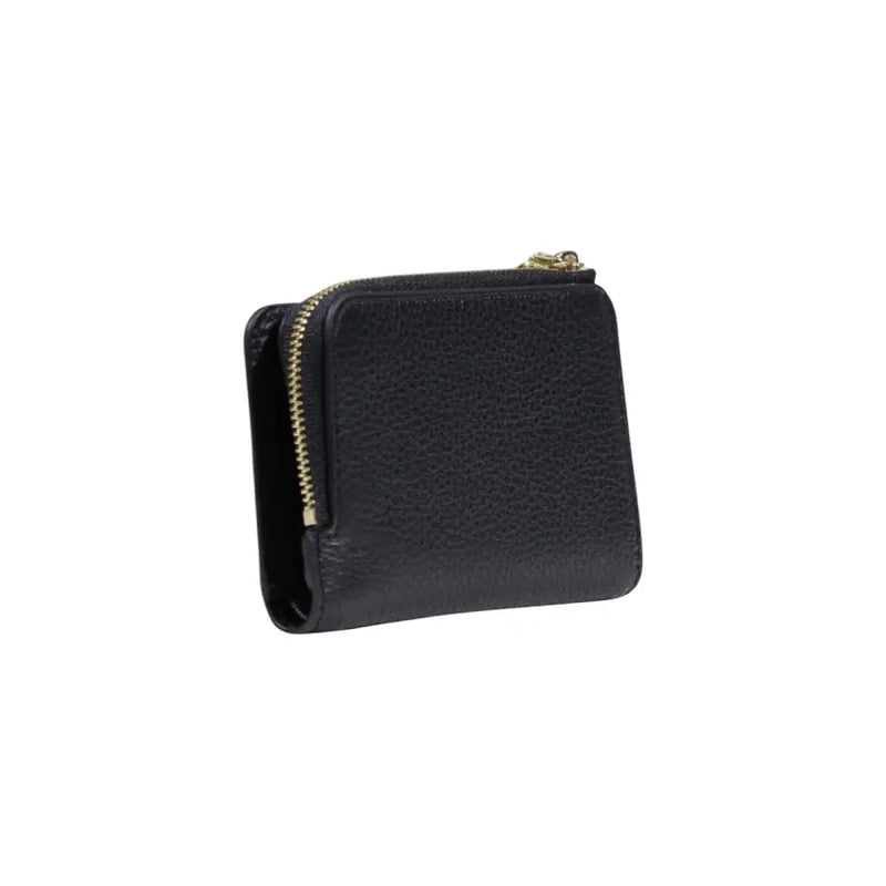 Coccinelle black leather zip wallet for women featuring textured leather and gold-tone zipper closure