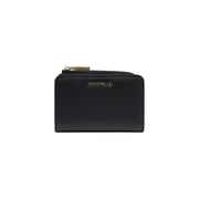 Coccinelle black leather zip wallet for women featuring textured leather and secure zip closure