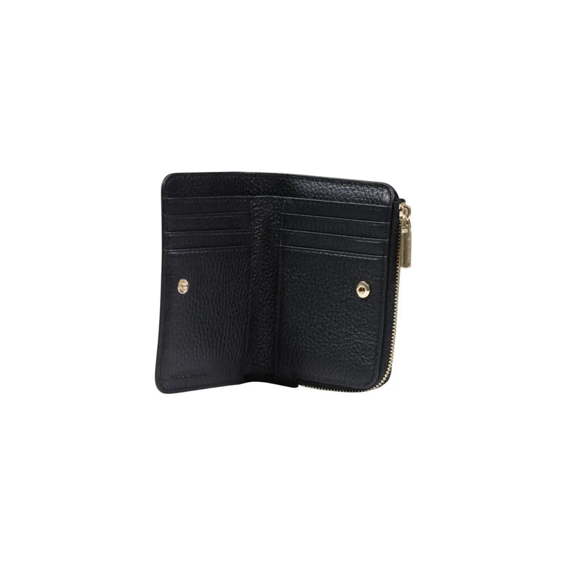 Coccinelle black leather zip wallet for women featuring textured leather with gold-tone zipper and hardware