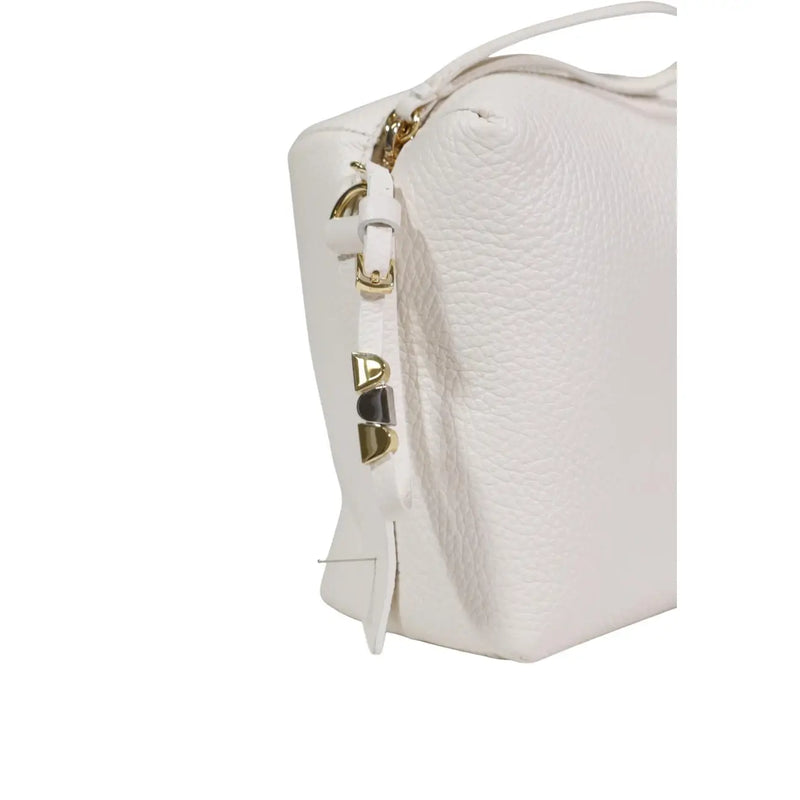 Coccinelle white leather shoulder bag with textured crossbody design, gold-tone hardware, and triangular metal accent