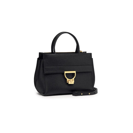 Coccinelle Sac à main Arlettis pour femme en cuir noir de 24 cm avec fermoir en forme de D doré et cuir grainé. top poignée