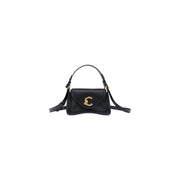 Black leather shoulder bag by coccinelle with gold tone c clasp and dual straps 26 cm size