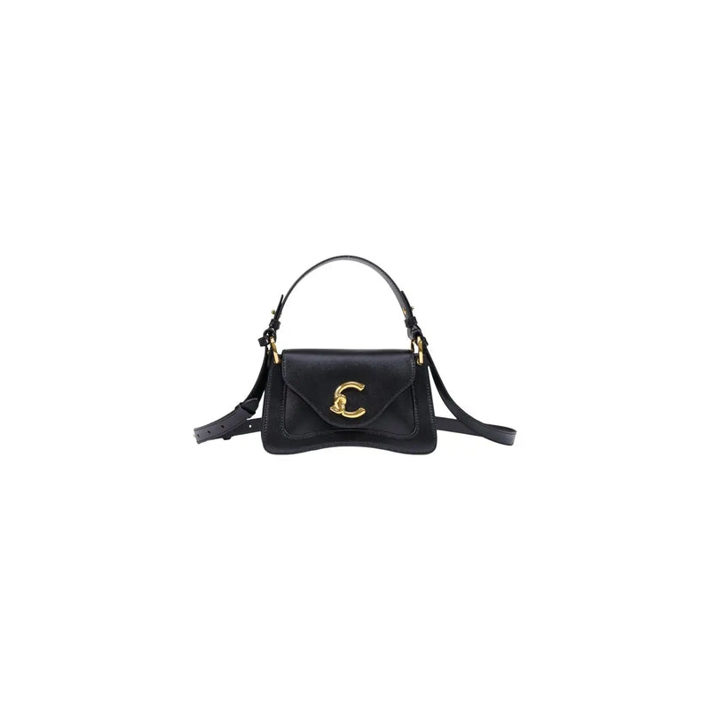 Black leather shoulder bag by coccinelle with gold tone c clasp and dual straps 26 cm size