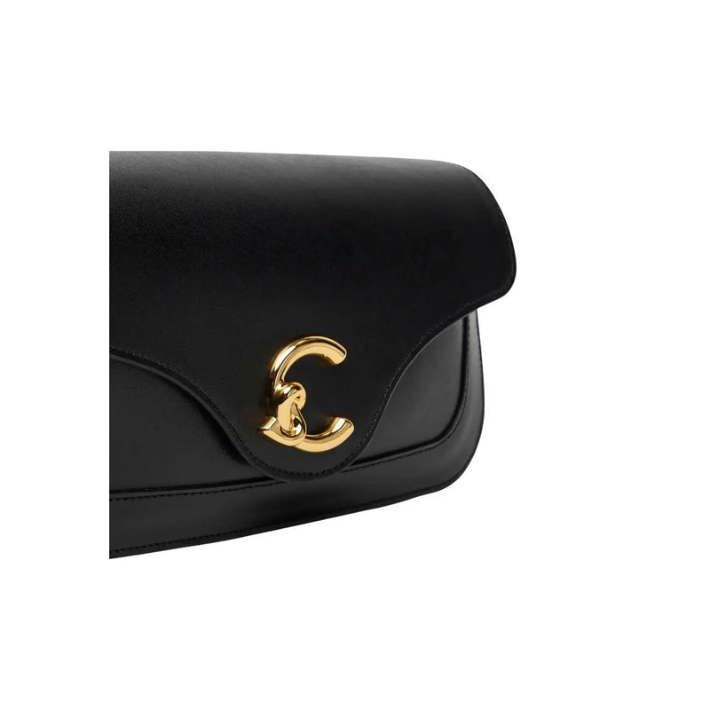 Coccinelle women black leather shoulder bag 26 cm with gold-tone interlocking cc logo clasp front view