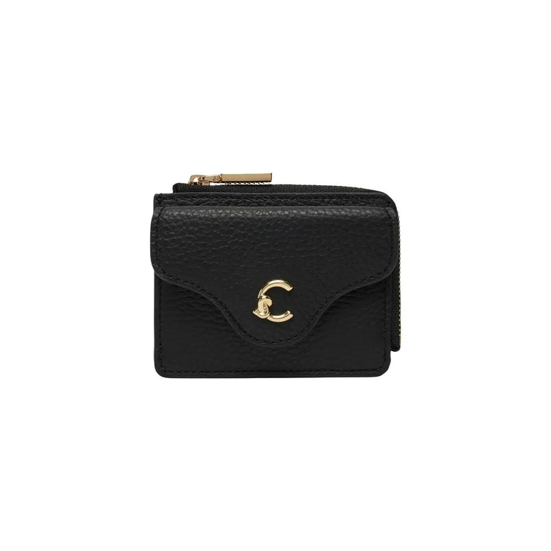 Black textured leather mini wallet by Coccinelle with gold-tone C logo clasp and zipper zip pockets w10 x h8.5 cm