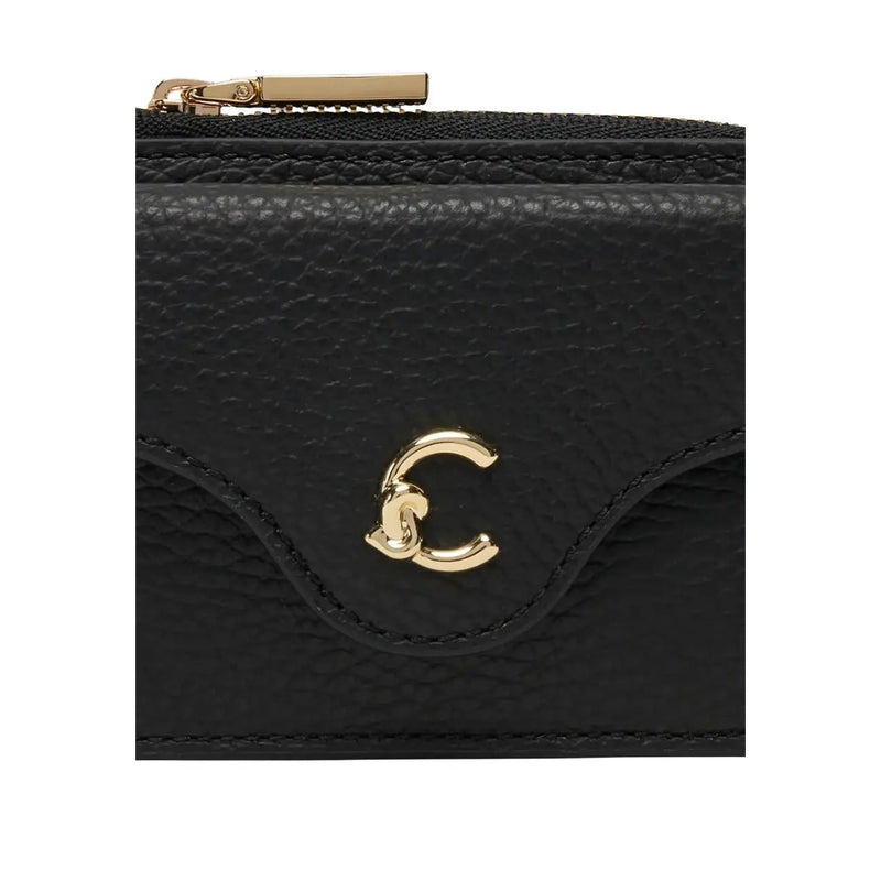 Black textured leather Coccinelle women wallet with gold-tone zipper and interlocking C logo clasp pockets w10 x h8.5