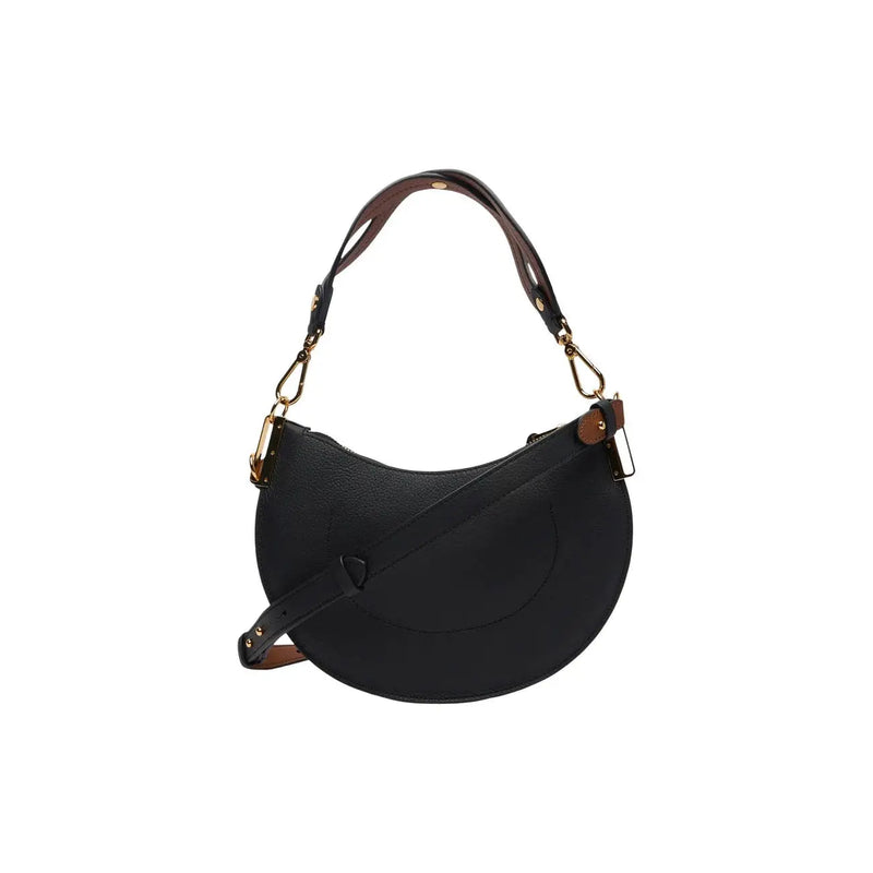 Coccinelle women leather bag in black with brown accents, gold-tone hardware, grey zip pockets, 24x16x5cm crescent shape
