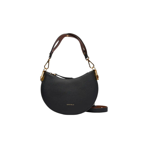 Coccinelle Sac à main femme en cuir gris en forme de croissant, cuir grainé noir, doublure marron et finitions dorées.