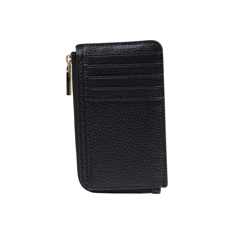 Porte-cartes zippé en cuir noir texturé par Coccinelle avec tirette de fermeture éclair dorée, dimensions L 13 x H 8,5 x P 0 cm