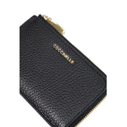 Portefeuille zippé en cuir noir texturé avec finitions dorées et logo Coccinelle, dimensions L13 x H8,5 x P0