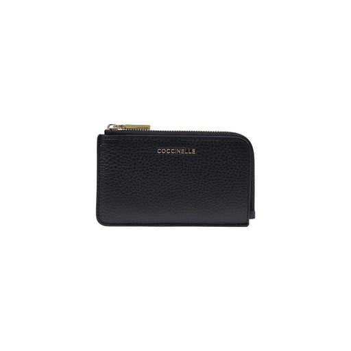 Portefeuille femme en cuir noir texturé, style coccinelle, zippé, avec tirette dorée, dimensions : L 13 x H 8,5 x P 0