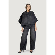Colcci women black denim cape jacket with wide sleeves front button closure and pockets