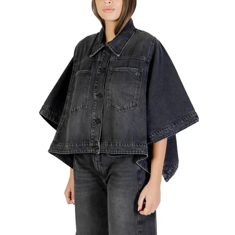 Colcci women black denim cape jacket with classic collar and front button closure with pockets