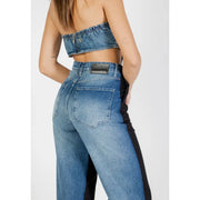 Colcci women black high-waisted denim jeans with faded blue wash and black side panels from fall winter collection