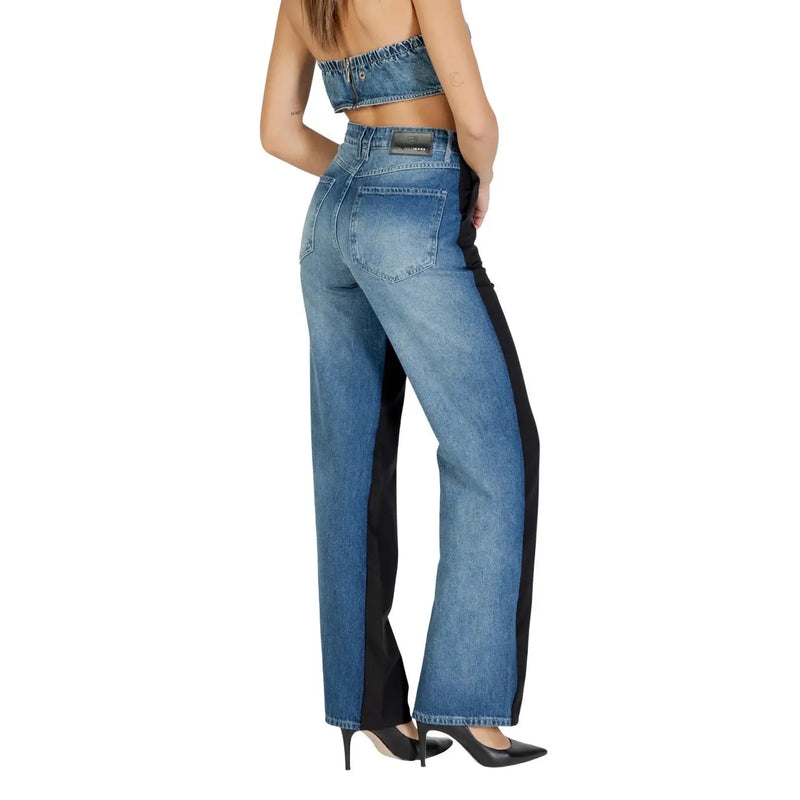 Back view of Colcci women black high-waisted denim jeans with light blue fabric and black side panels featuring Calvin Klein label