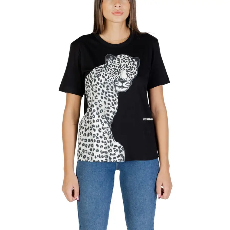 T-shirt Colcci pour femme, manches courtes noires t-shirt avec un imprimé léopard audacieux
