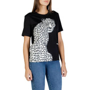 Colcci women black short sleeve round neck t-shirt with bold white leopard graphic and black spots