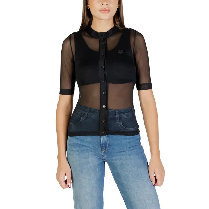 Colcci women black short sleeve blouse featuring sheer mesh fabric with button-up front and high round neckline