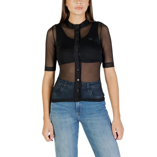 Colcci women black short sleeve blouse featuring sheer mesh fabric with button-up front and high round neckline