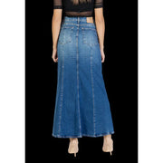 Colcci women blue medium-wash denim maxi skirt with flared hem and back pockets showing the back side